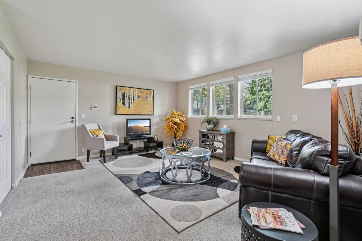 Furnished living room staged for Unit 59's listing photos