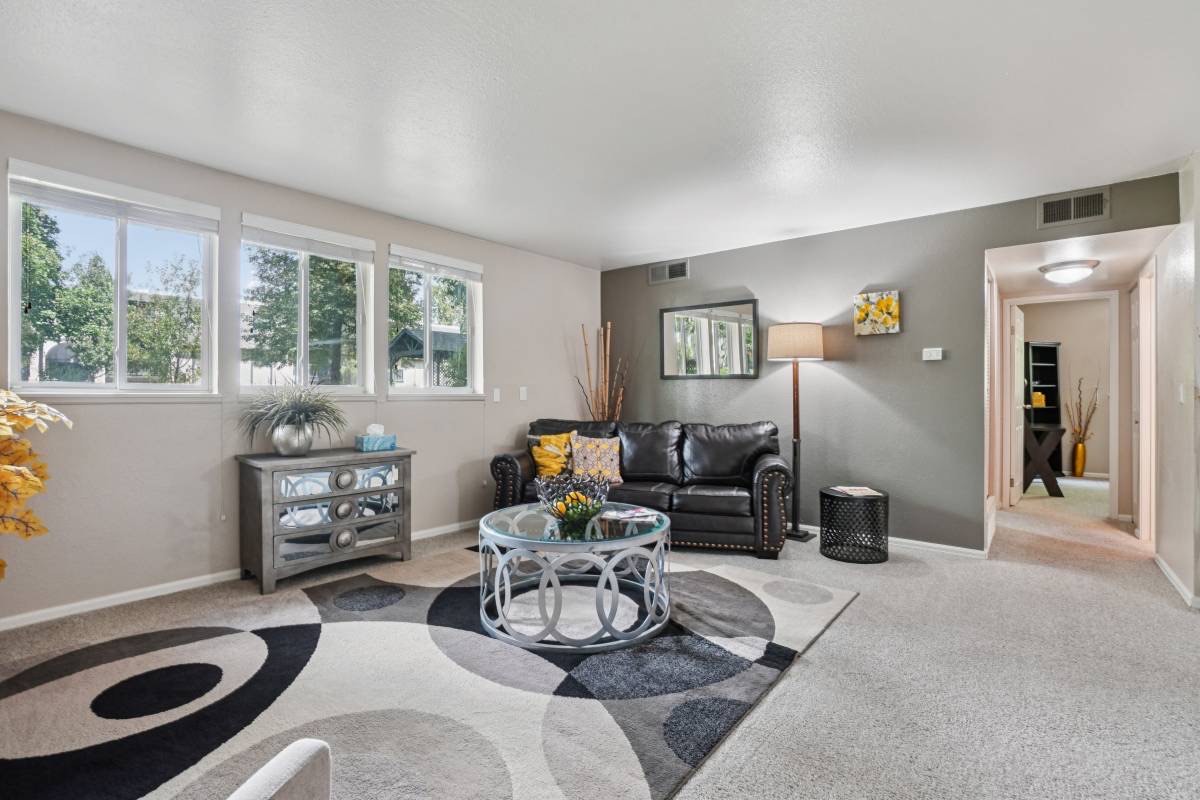 Furnished living area with leather sofa, from Unit 196's listing